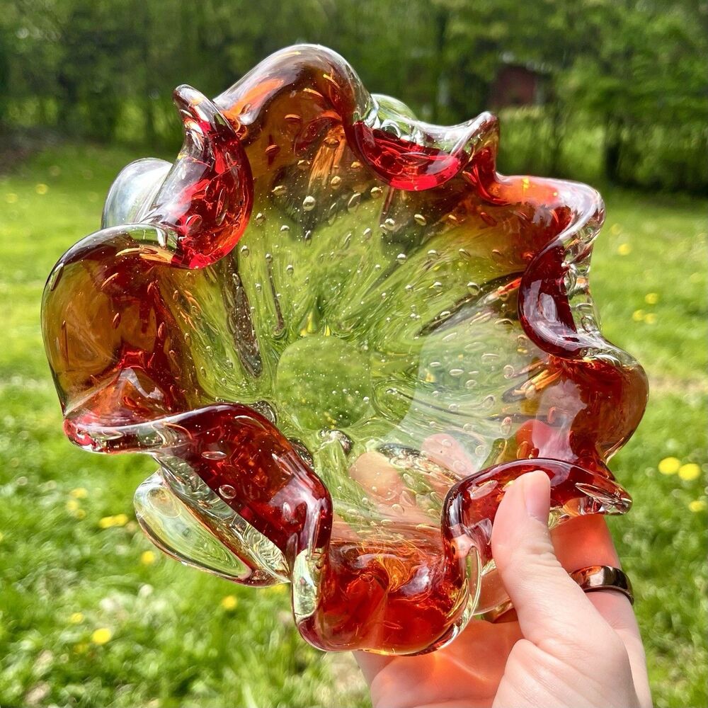 Vintage Murano Uranium Bullicante Glass Bowl Ashtray Red Amber
